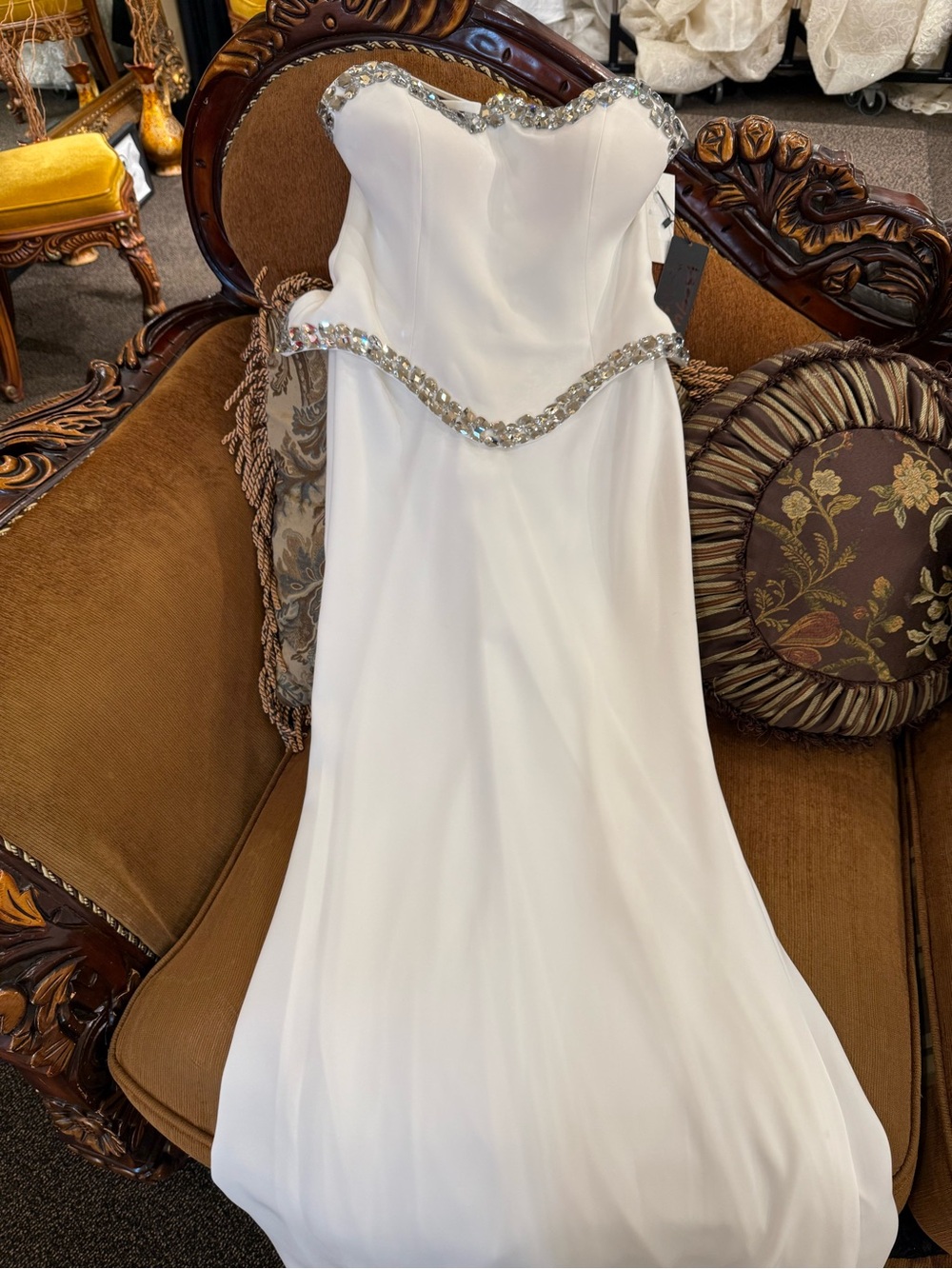 Strapless White Evening Gown with Crystal Trim - Picture 3 of 3